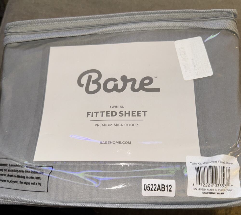 BARE Twin XL Fitted Sheet Premium Ultra-Soft Microfiber Wrinkle Resist Grey NIP